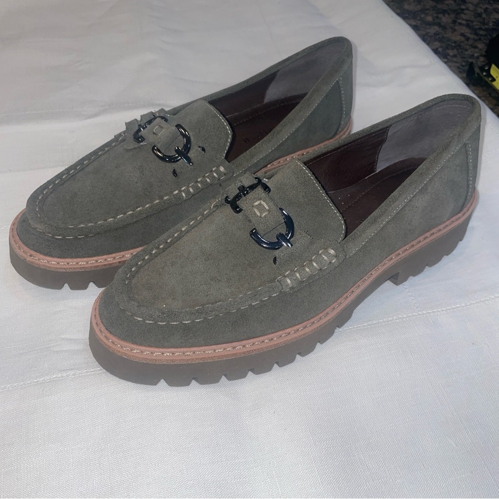 Donald J. Pliner Olive Suede Loafers with Brown Sole